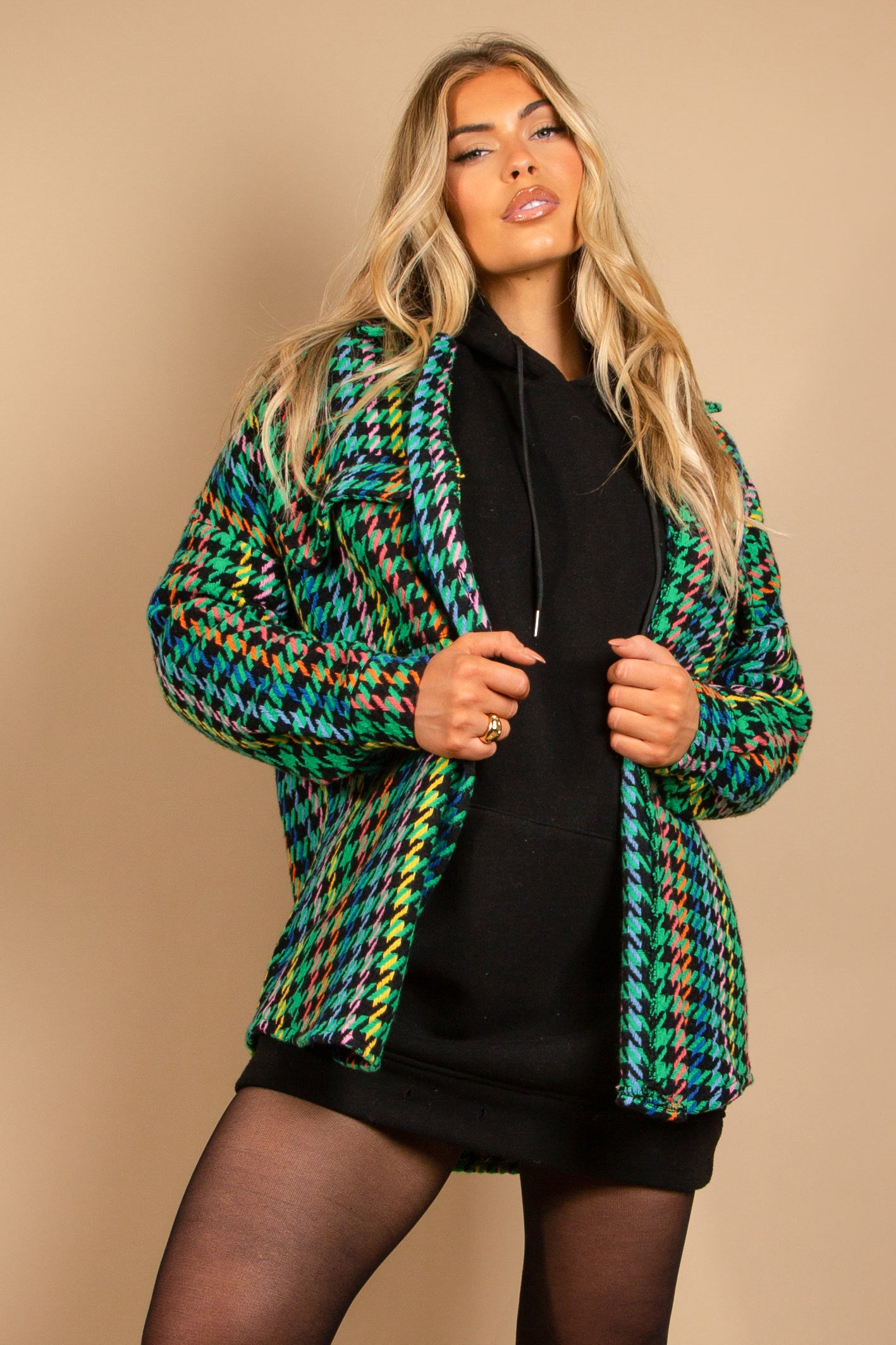 Green Dogtooth Wool Blended Shaket