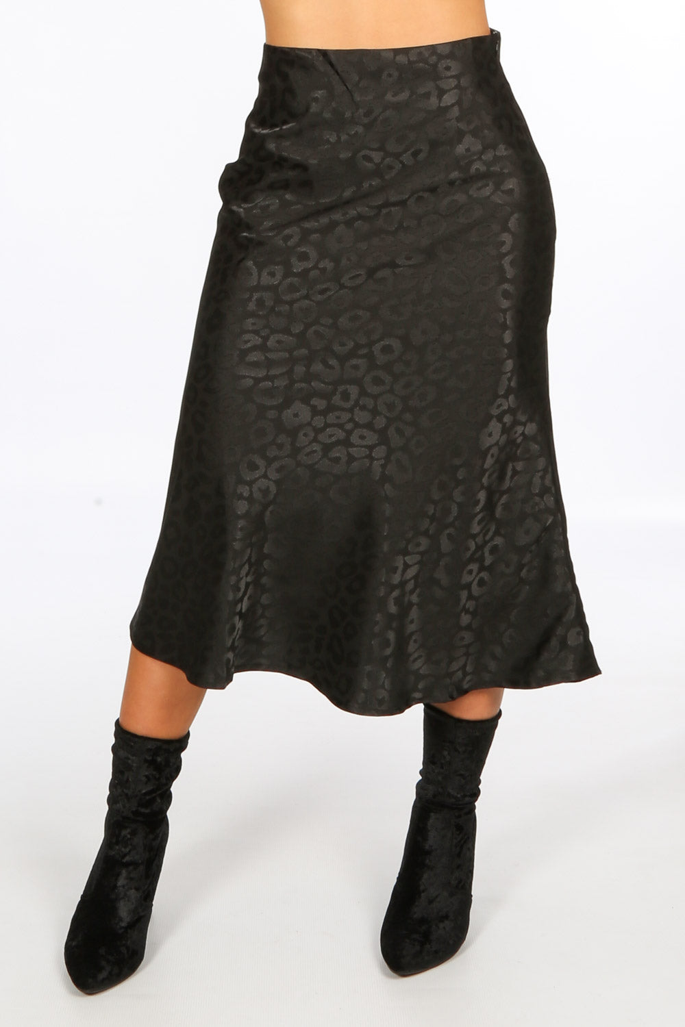 Black Embossed Satin Bias Midi Skirt