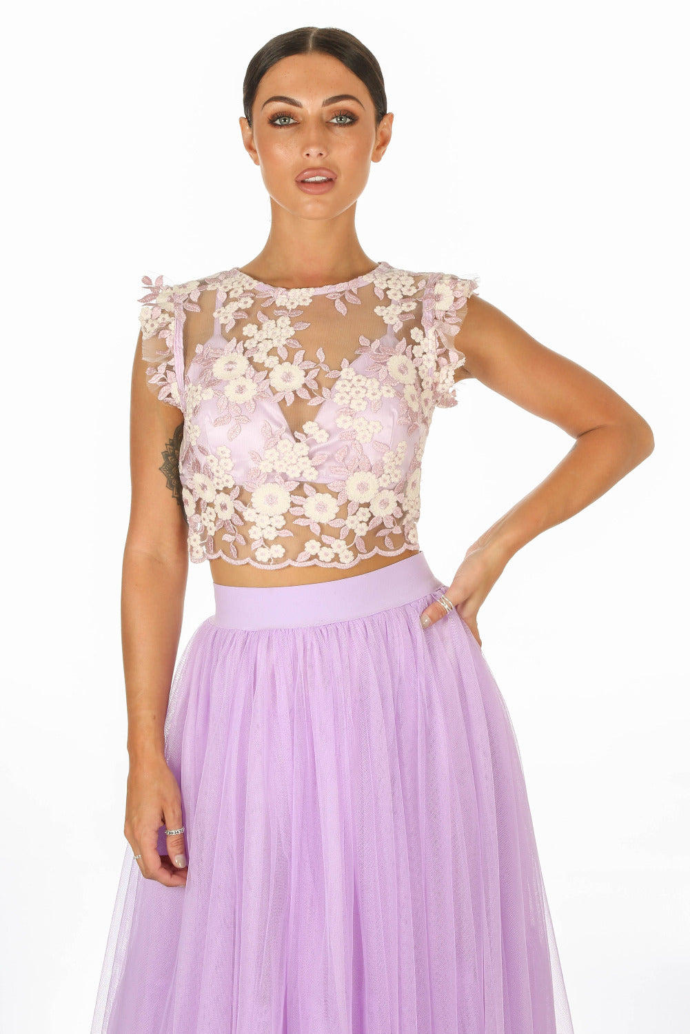 Lilac Embroidered Crop Top With Bralette Underlay