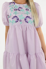 Lilac Embroidery Midi Smock Dress