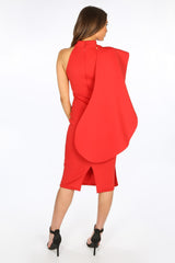 Red Neoprene Exaggerated Frill Midi Dress
