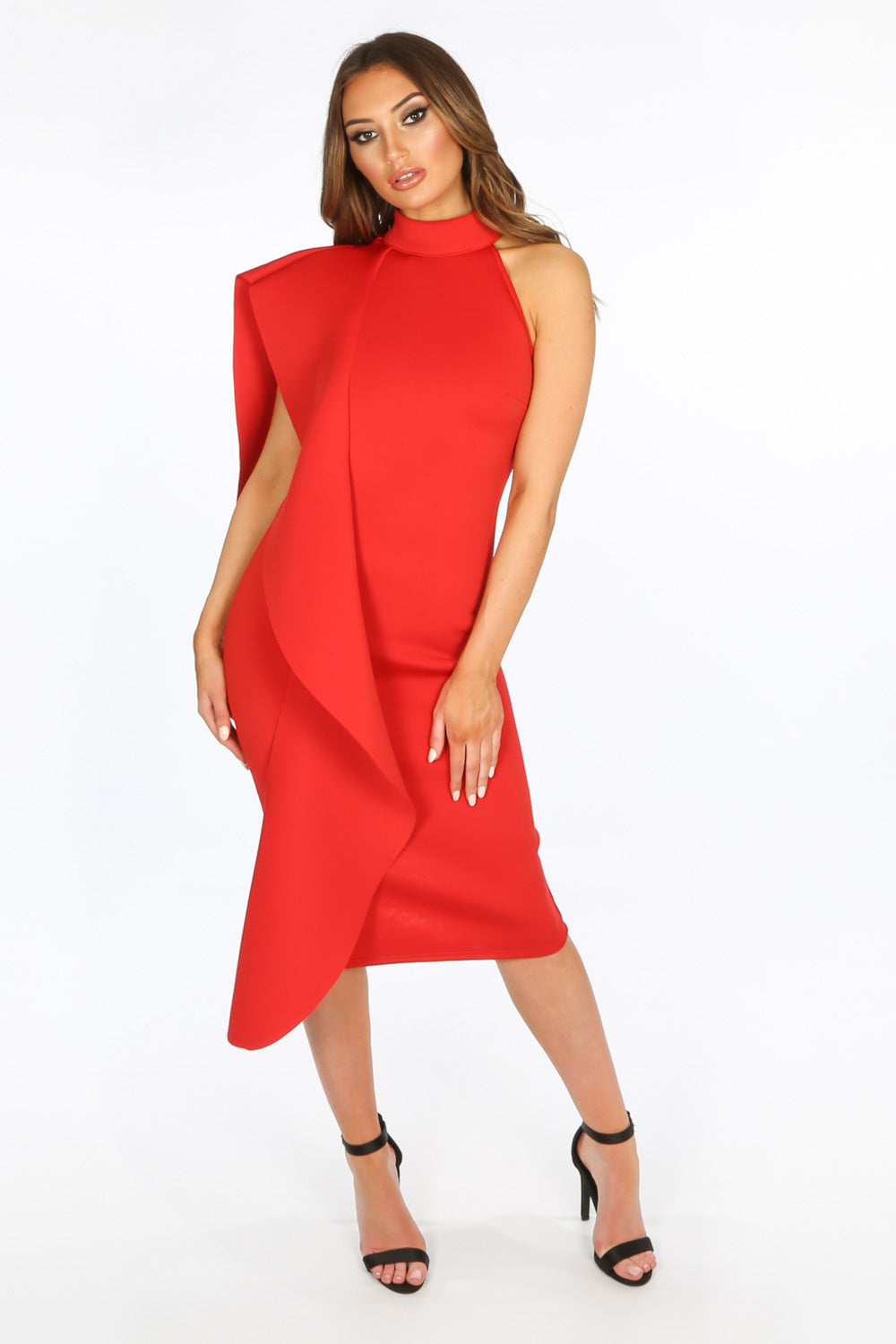 Red Neoprene Exaggerated Frill Midi Dress