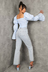 Powder Blue Ruched Front Puff Sleeve Top