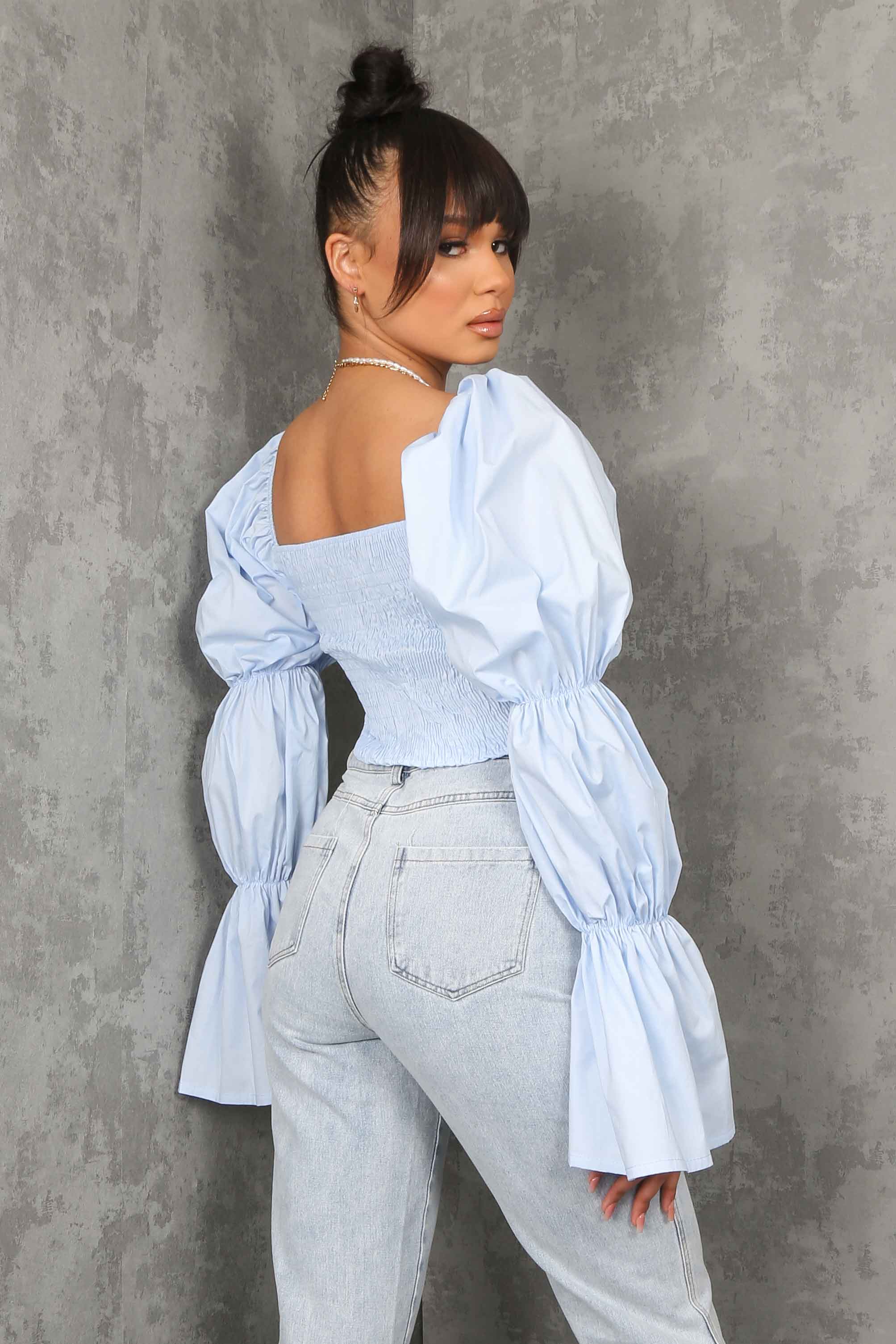 Powder Blue Ruched Front Puff Sleeve Top