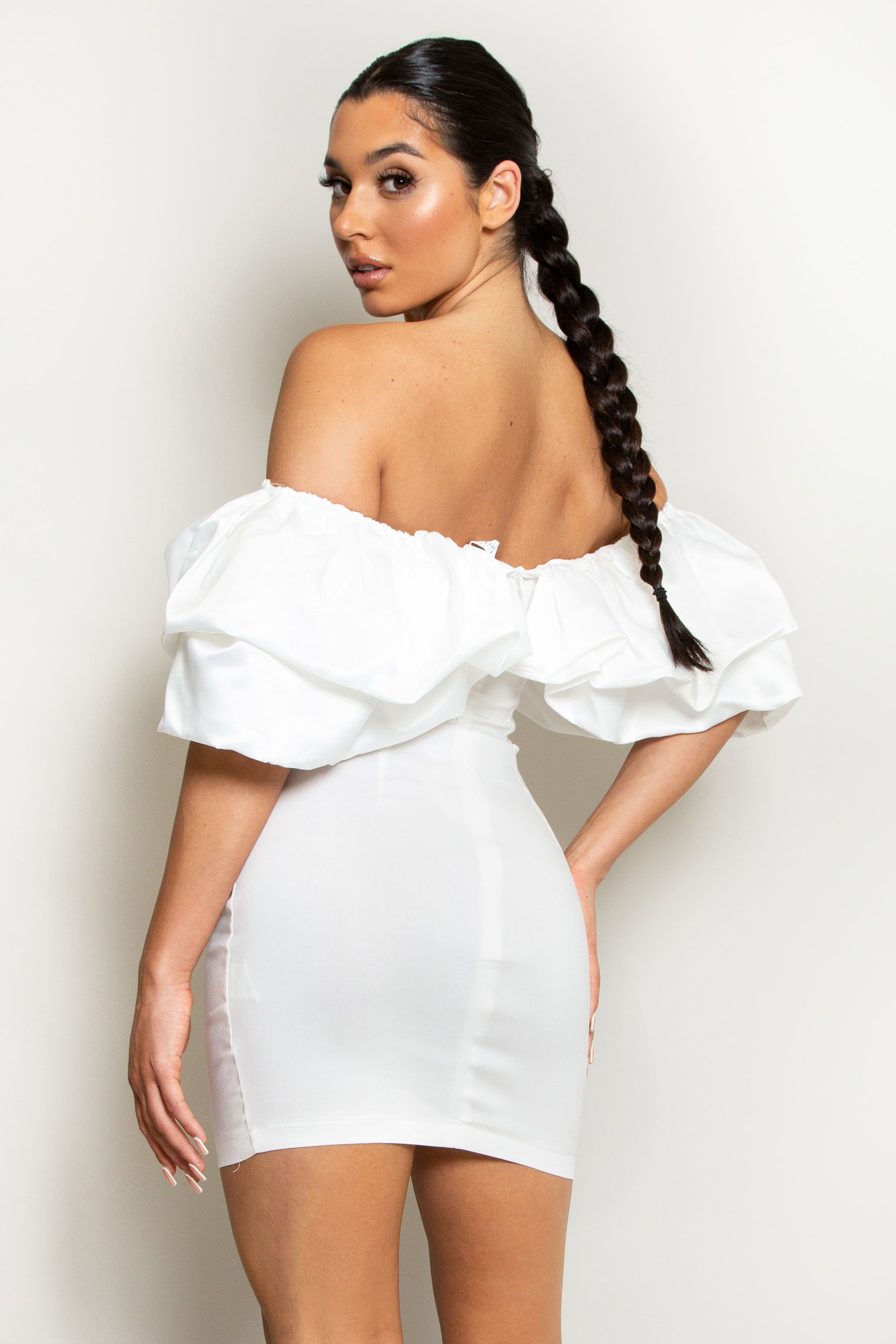 White Satin Ruffle Bardot Bodycon Mini Dress