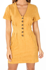 Mustard Faux Suede Mini Dress With Button Detail