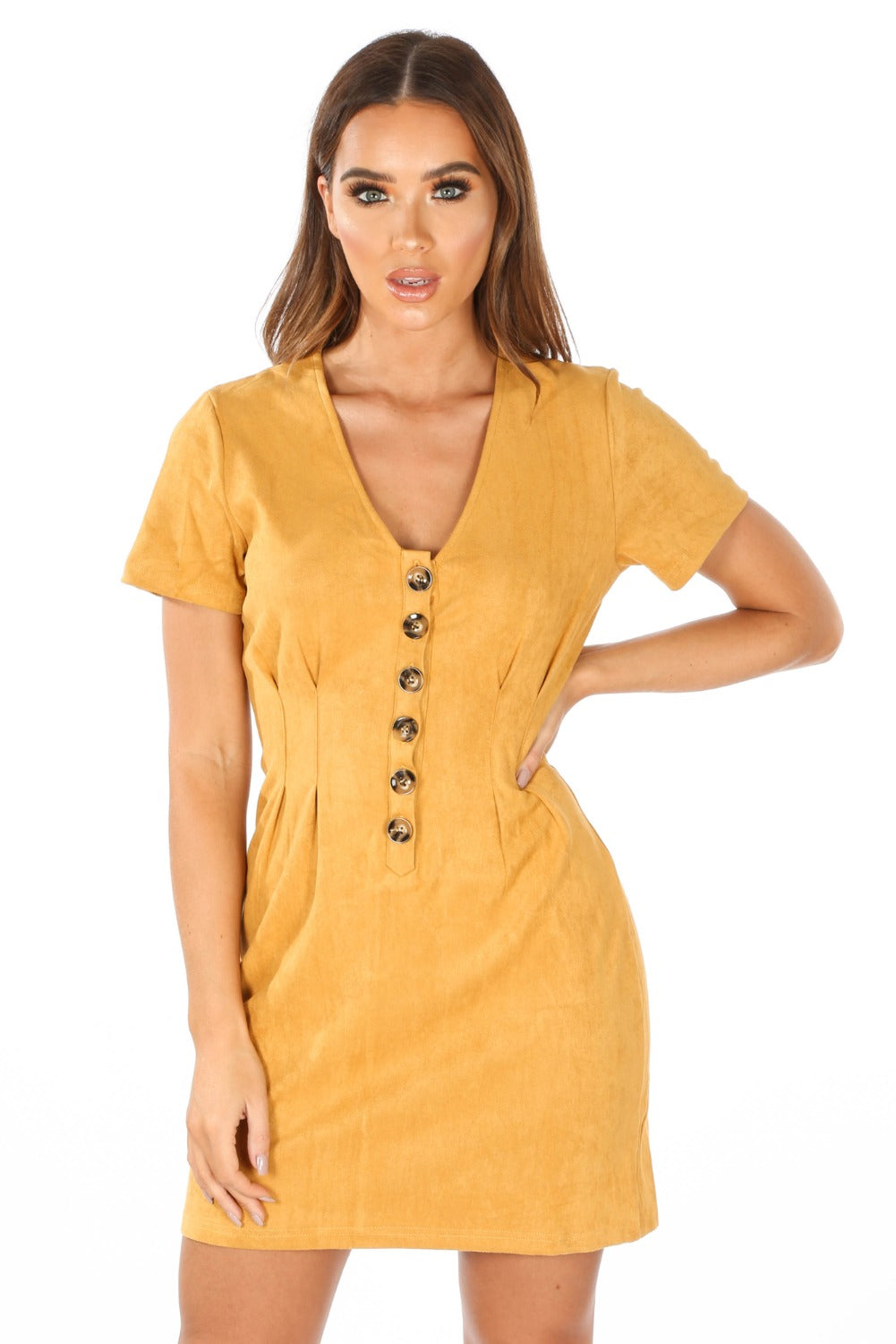 Mustard Faux Suede Mini Dress With Button Detail