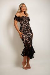Black Crochet Bardot Fish Tail Midi Dress