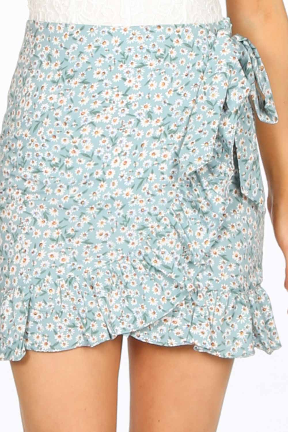 Turquoise Floral Frill Mini Skirt