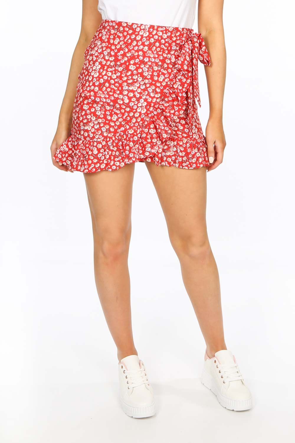 Red Floral Frill Mini Skirt
