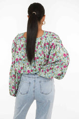 Pastel Green Floral Button Front Crop Blouse