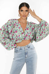 Pastel Green Floral Button Front Crop Blouse