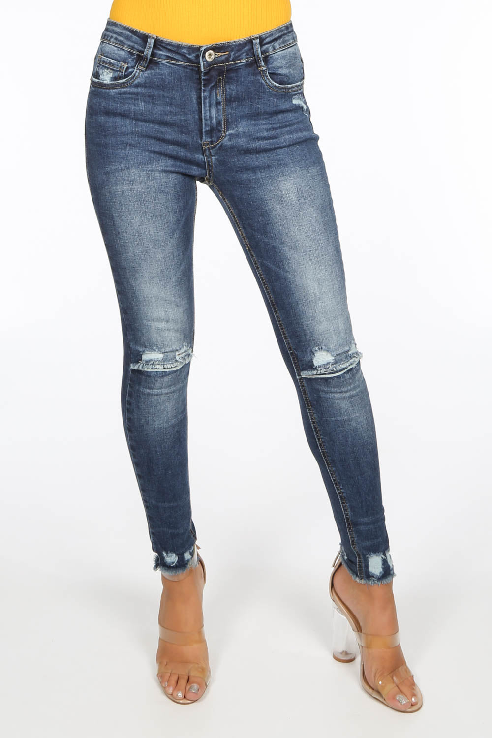Ripped Knee Cropped Jeans With Distressed Hem Dark Wash