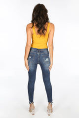 Ripped Knee Cropped Jeans With Distressed Hem Dark Wash