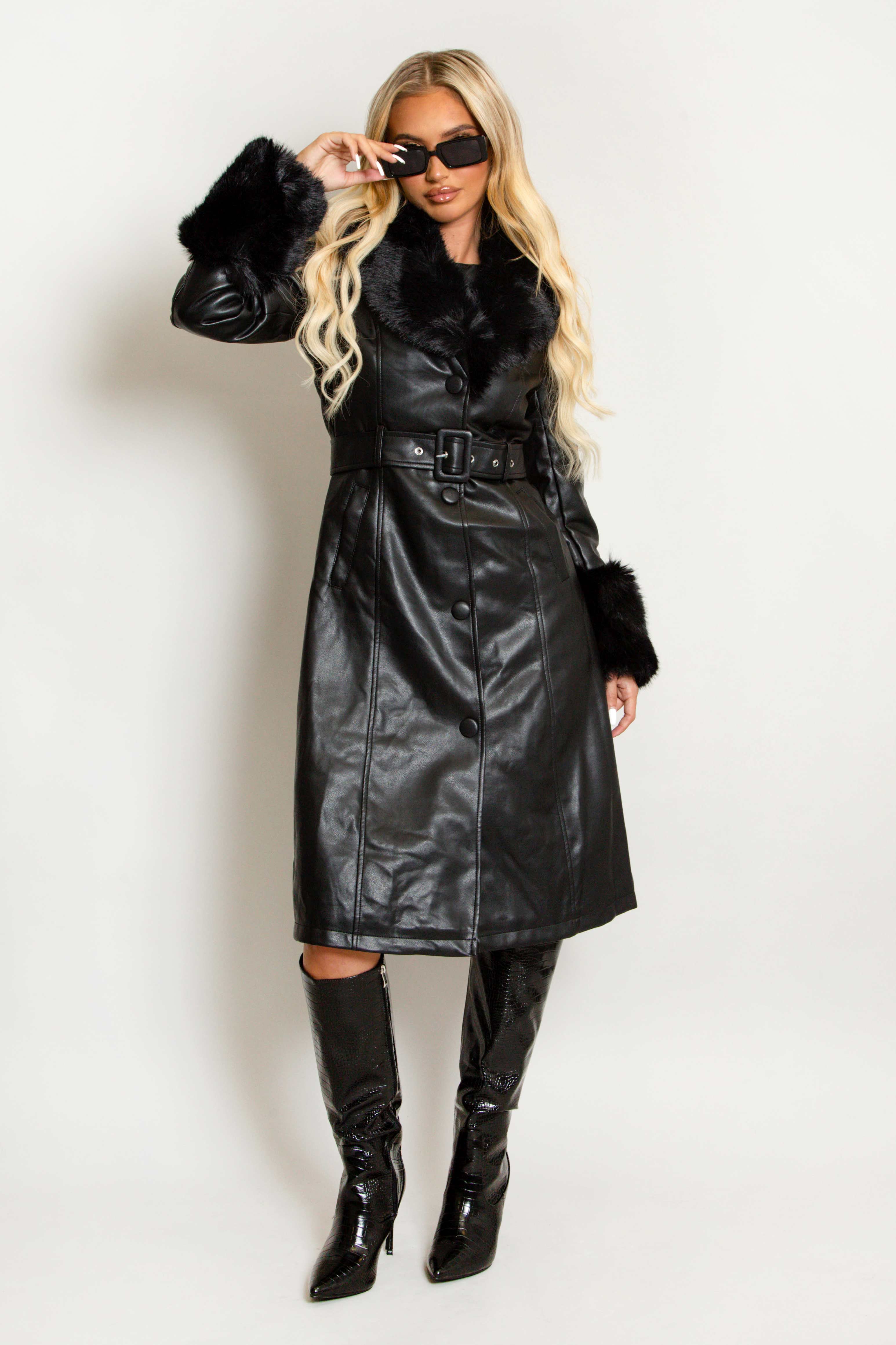 Black Faux Fur Detail Belted PU Trench Coat