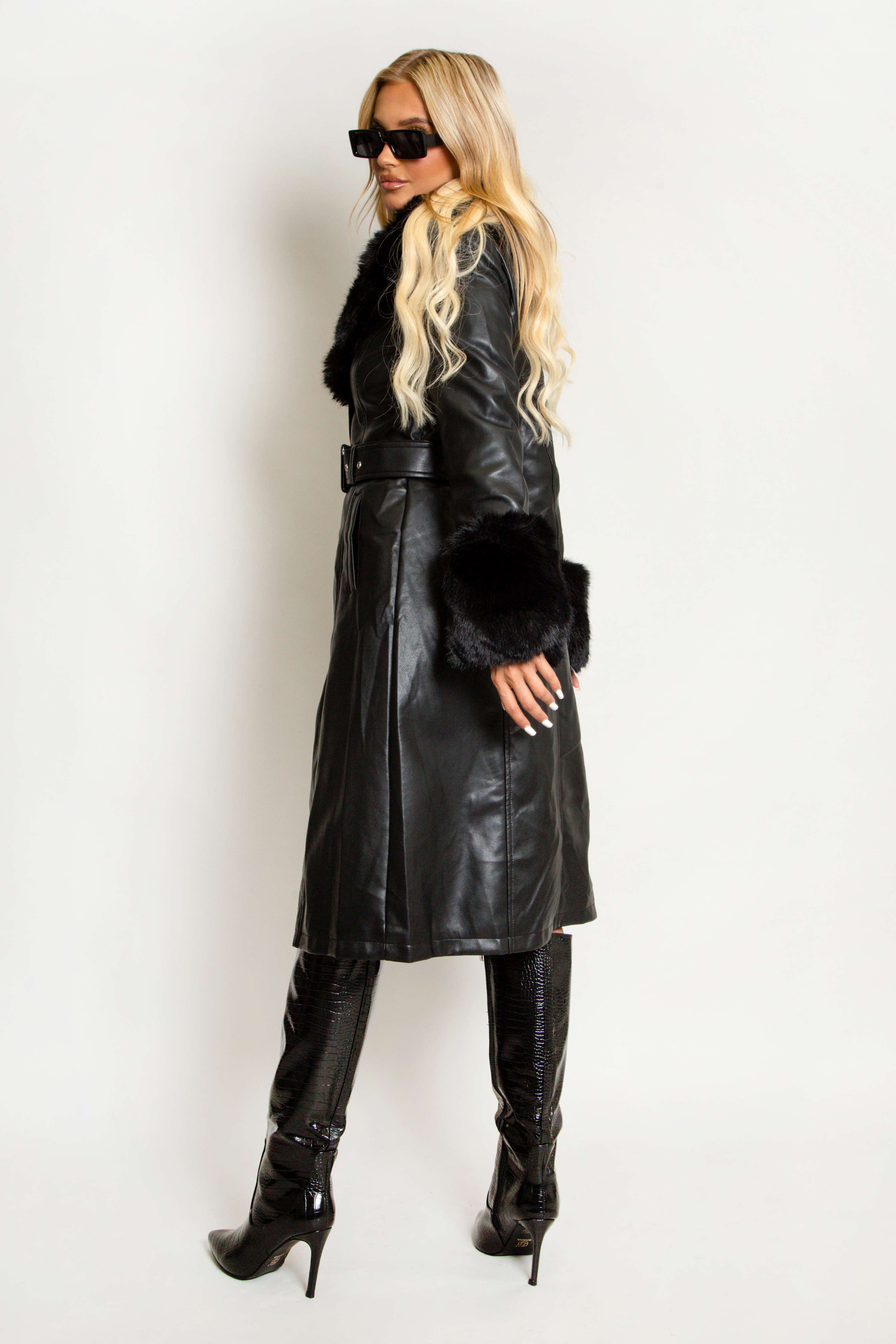 Black Faux Fur Detail Belted PU Trench Coat