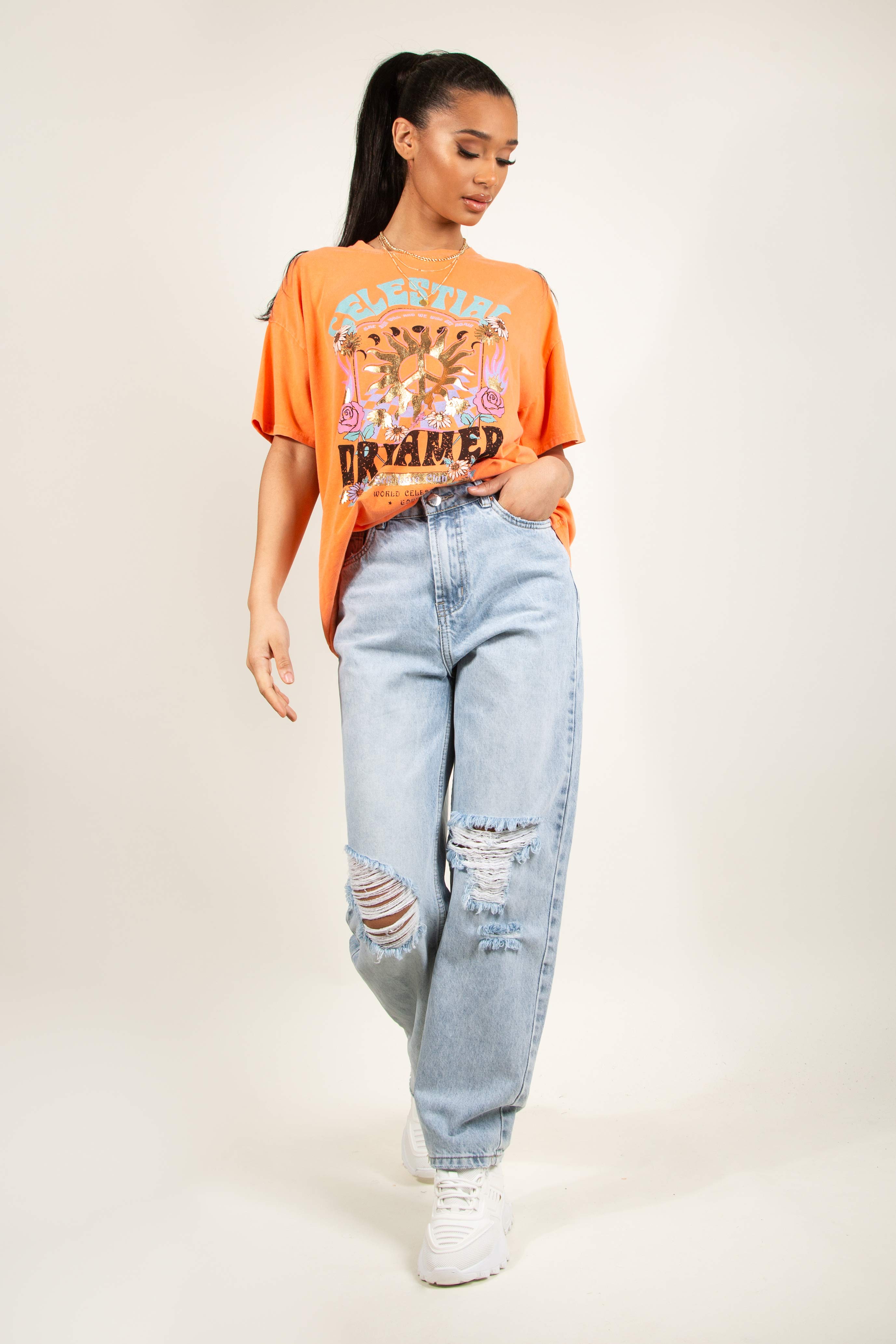 Orange Oversize Fit Short Sleeve Printed T-Shirt