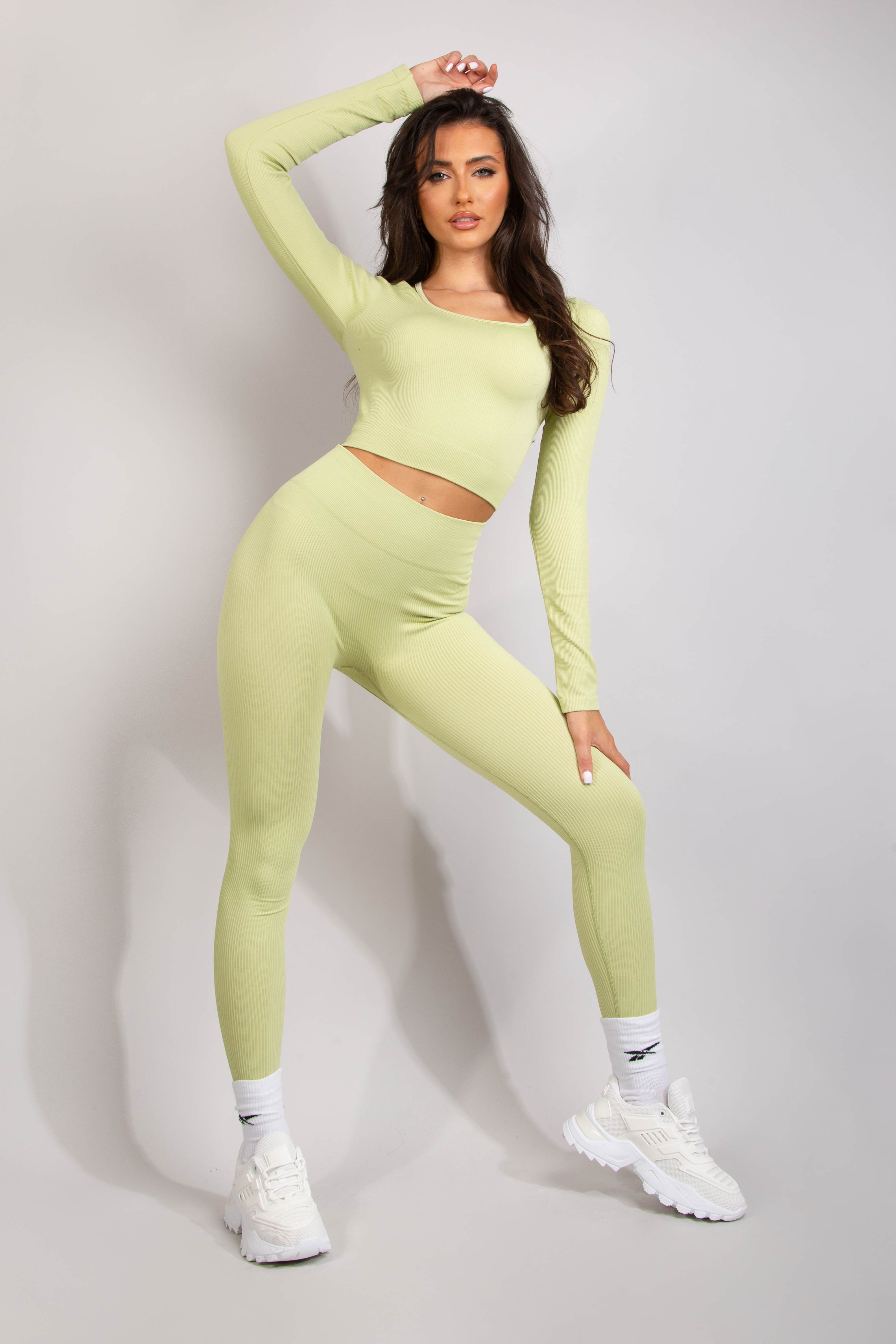 Lime Green Long Sleeve Ribbed Seamless Legging Set
