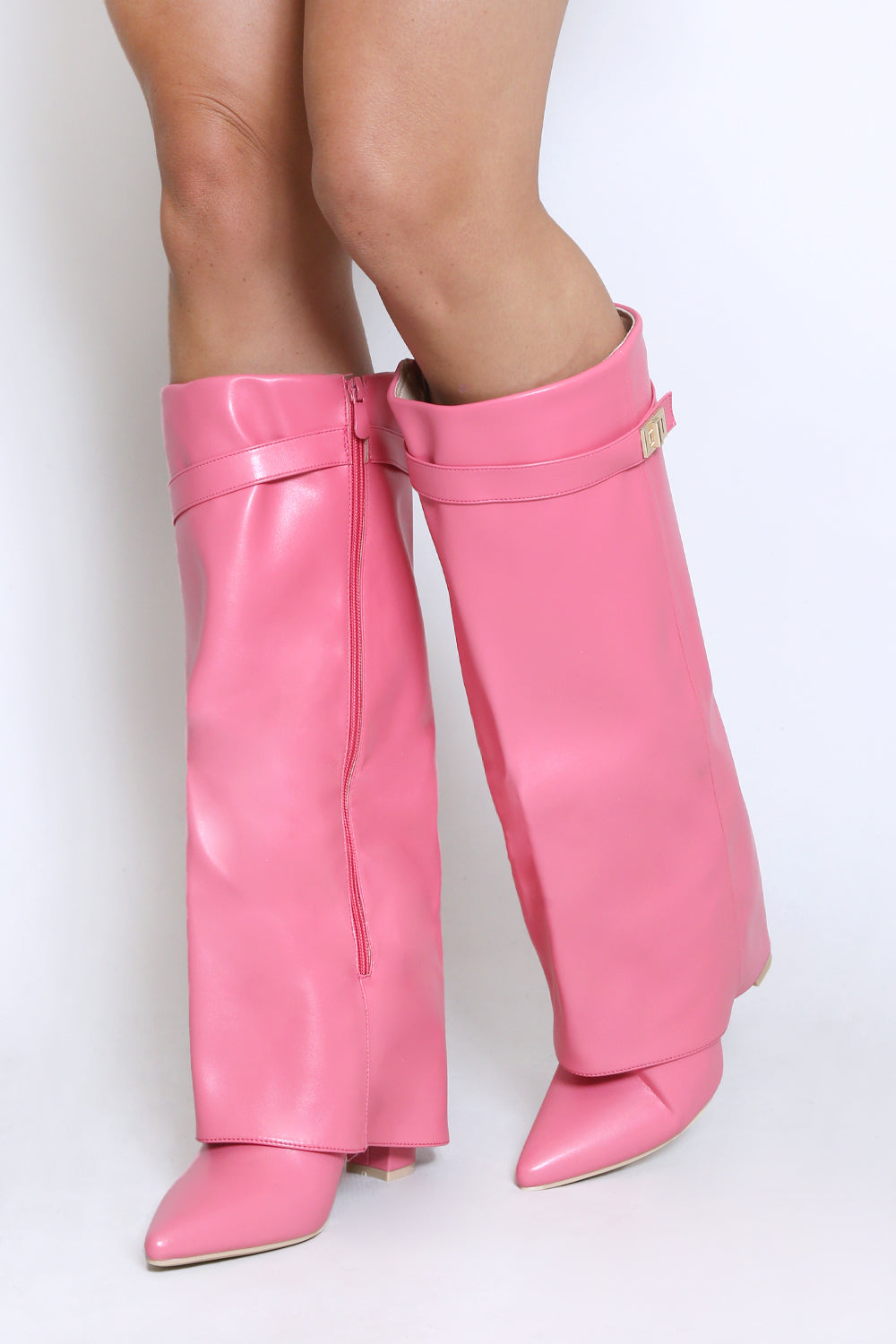 Pink Folded Knee High Boots