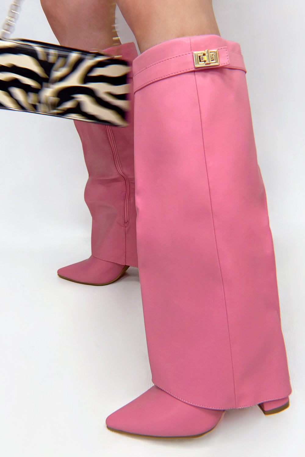 Pink Folded Knee High Boots