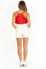 Red High Neck Frilled Crop Top