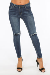 High Waisted Dark Blue Ripped Knee Jeans