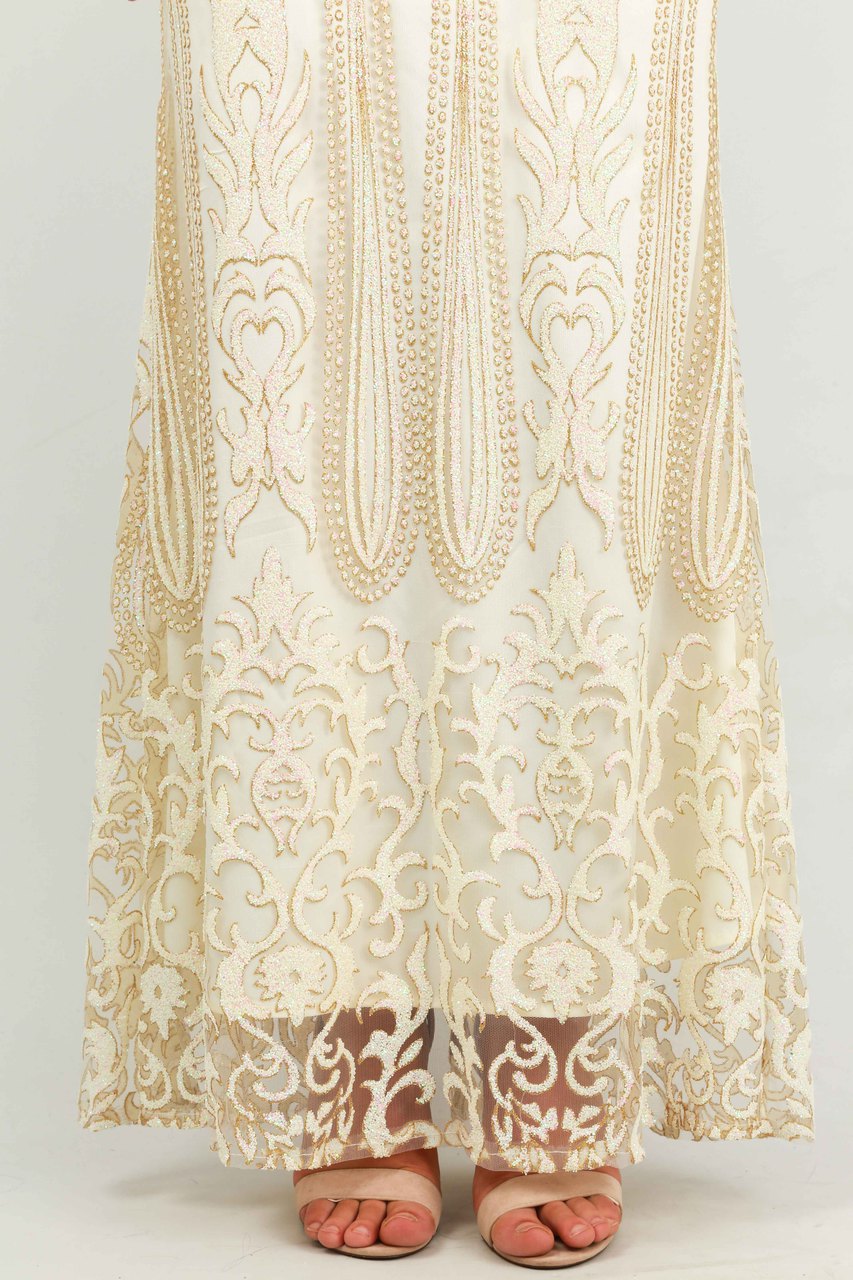 White Glitter Embellished Maxi Dress With Mesh Insert