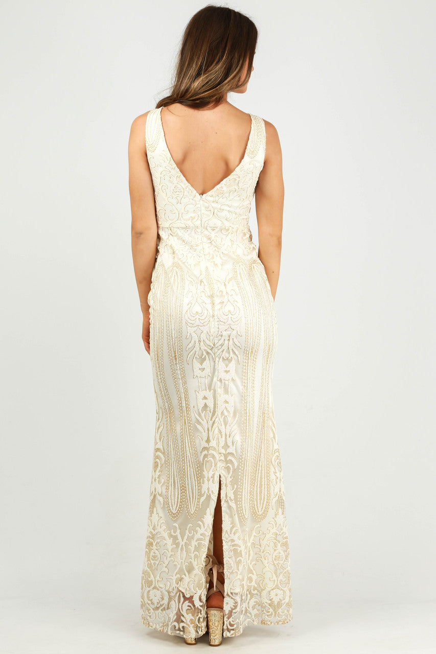 White Glitter Embellished Maxi Dress With Mesh Insert