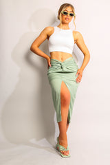 Sage Green Satin Ruched Front Midi Skirt