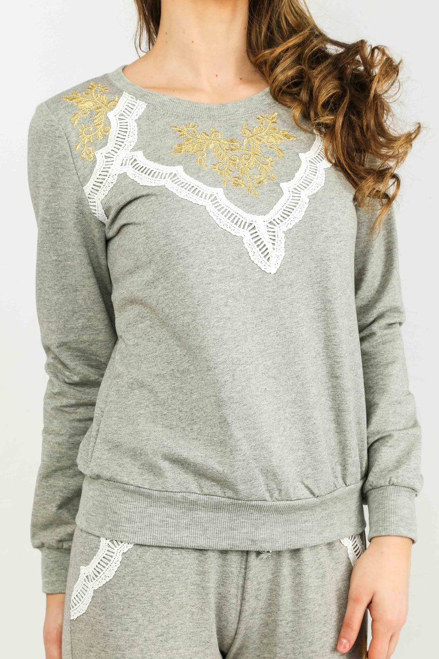 Gold Embroidered Long Sleeve Sweatshirt In Grey