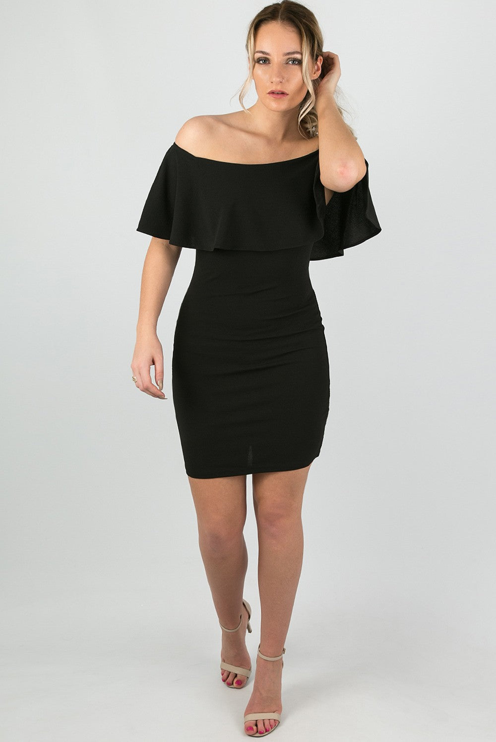 Off The Shoulder Frill Bodycon Dress In Black