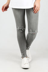Ripped Knee Cropped Jeans With Distressed Hem Grey