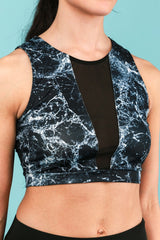 Black Marble Print Mesh Panel Gym Crop Top