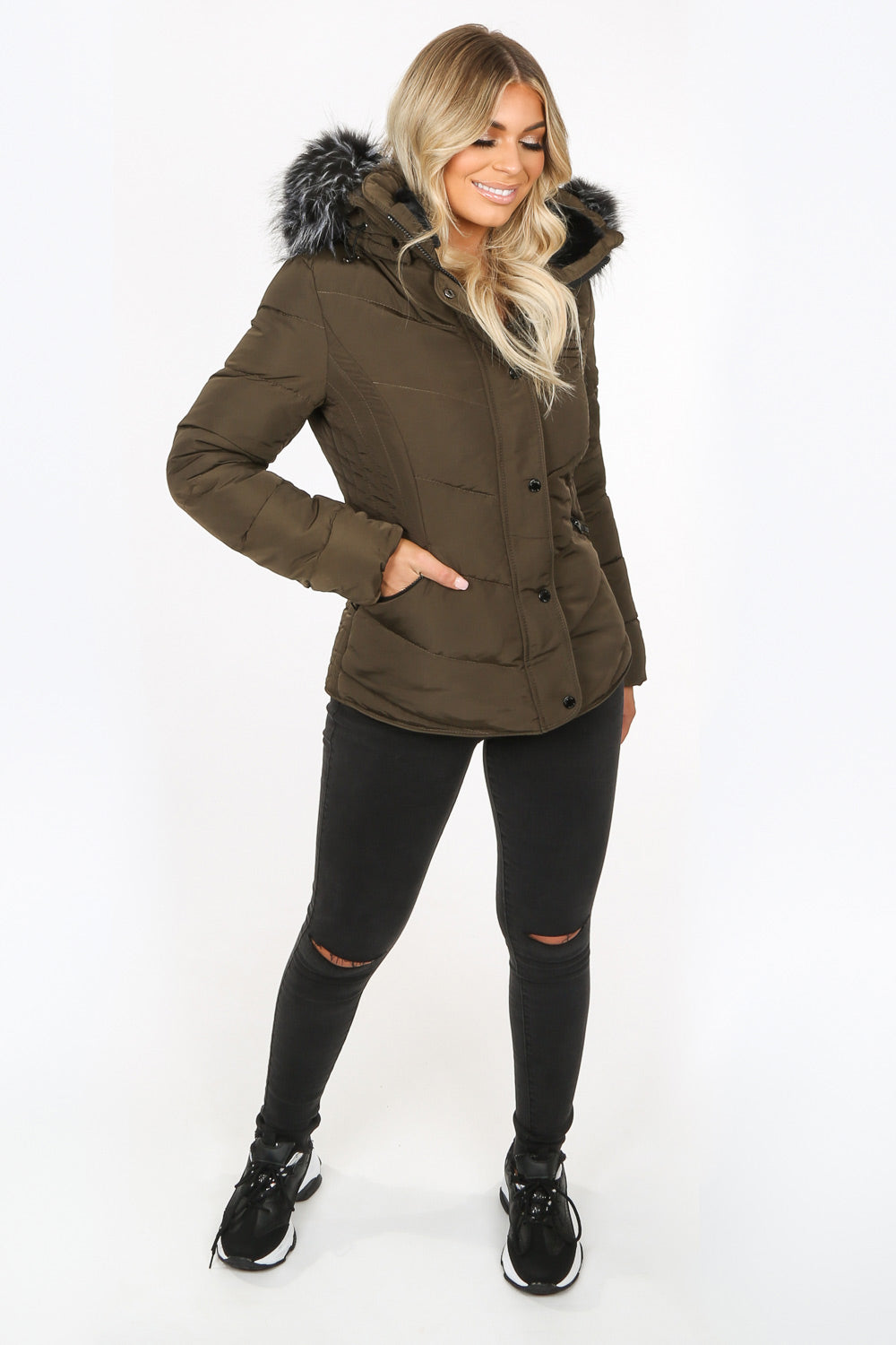 Khaki Short Quilted Puffer Jacket With Monochrome Faux Fur