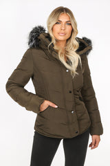 Khaki Short Quilted Puffer Jacket With Monochrome Faux Fur