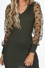 Khaki Knitted Dress With Organza Sleeve