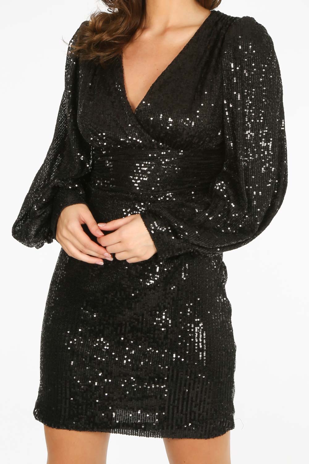 Black Puff Sleeve V-Neck Sequin Mini Dress