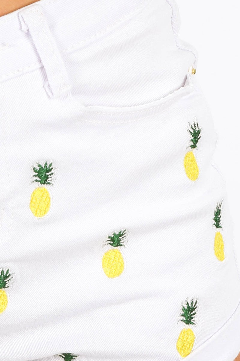 White Denim Pineapple Embroidered Shorts
