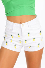 White Denim Pineapple Embroidered Shorts