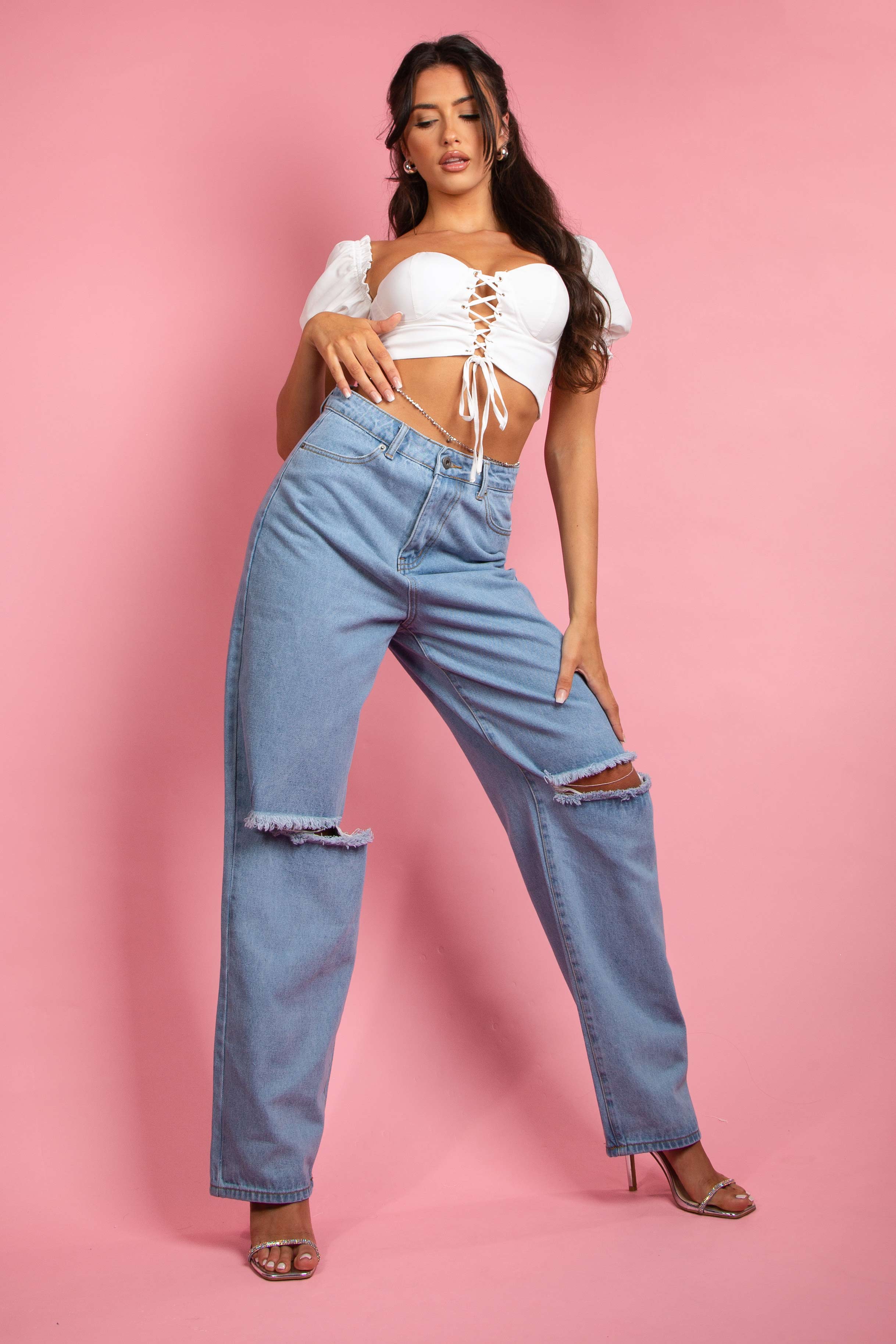 White Lace up Front Bardot Crop Top