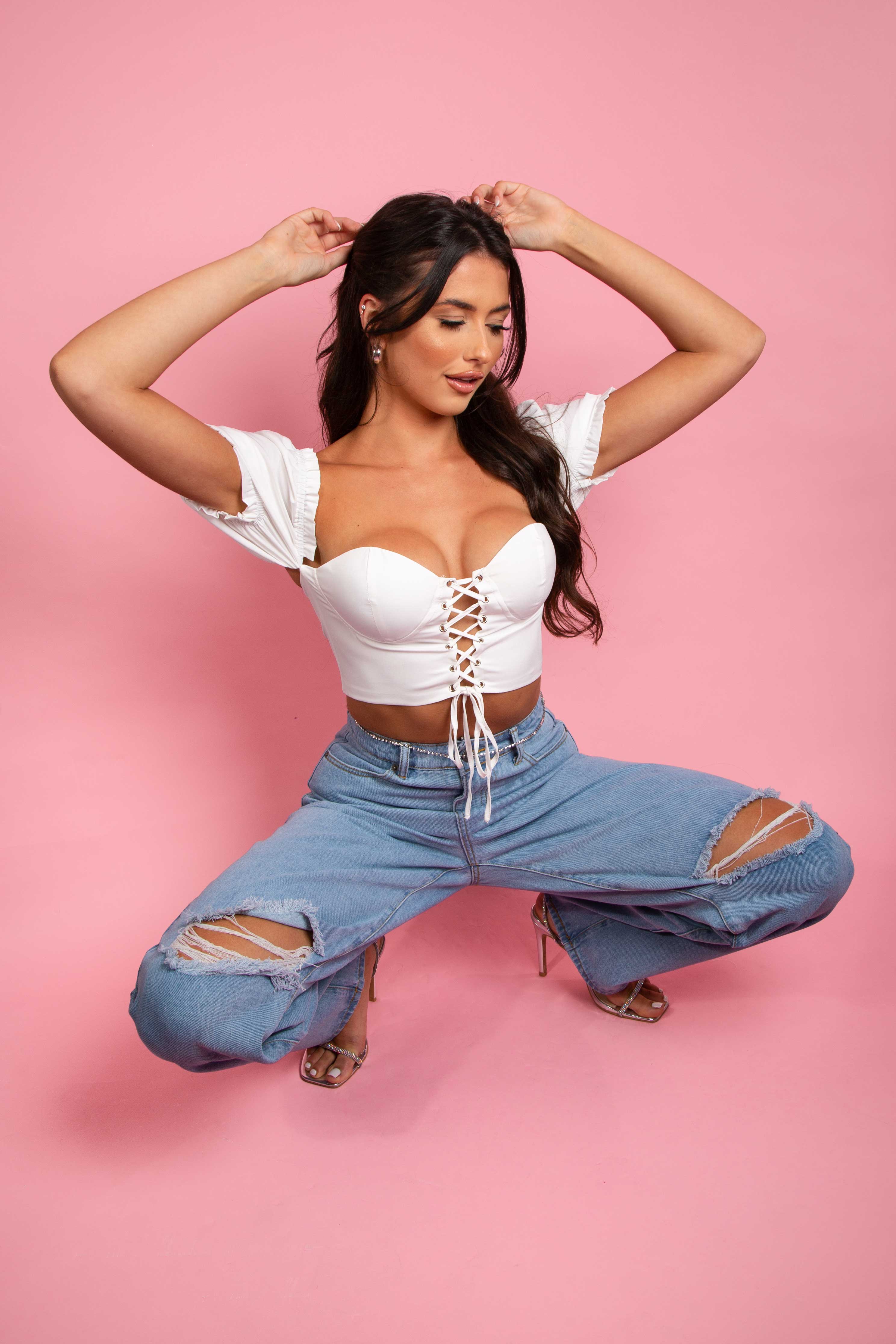 White Lace up Front Bardot Crop Top