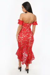 Red Crochet Bardot Fish Tail Midi Dress