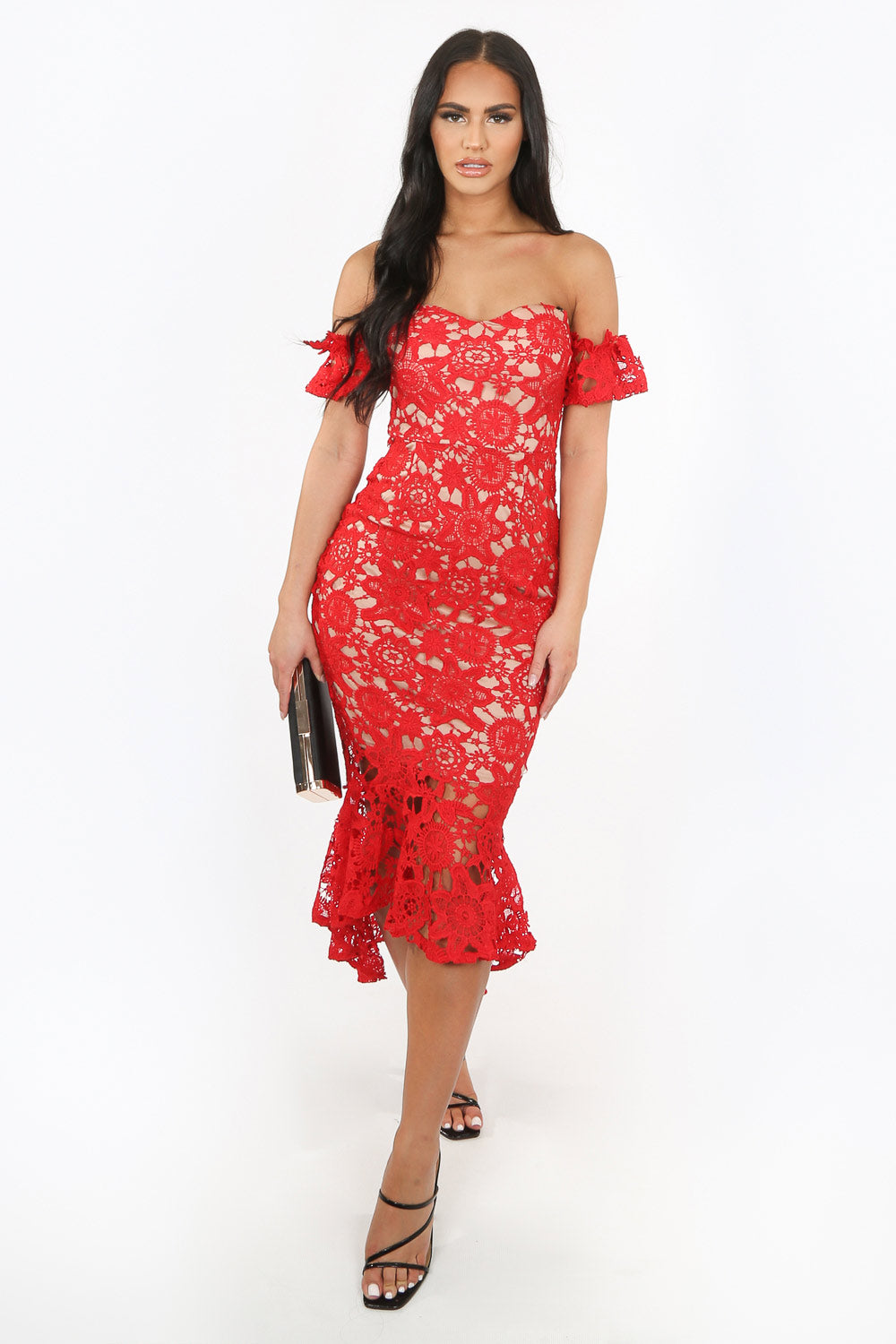 Red Crochet Bardot Fish Tail Midi Dress