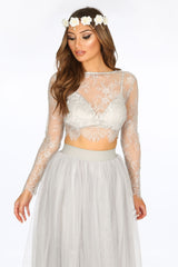 Grey Long Sleeve Sheer Lace Crop Top With Bralette