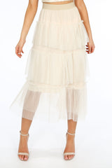 Cream Layered Tulle Midi Skirt