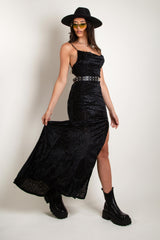 Black Plunge Animal Soft Velvet Jacquard Maxi Dress