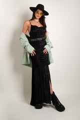 Black Plunge Animal Soft Velvet Jacquard Maxi Dress