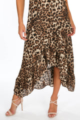 Leopard Print Frill Wrap Midi Dress