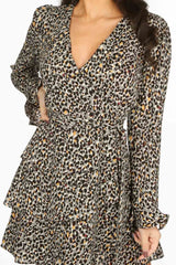 Grey Leopard Print Frill Wrap Look Dress