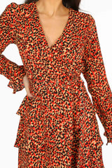 Red Leopard Print Frill Wrap Look Dress